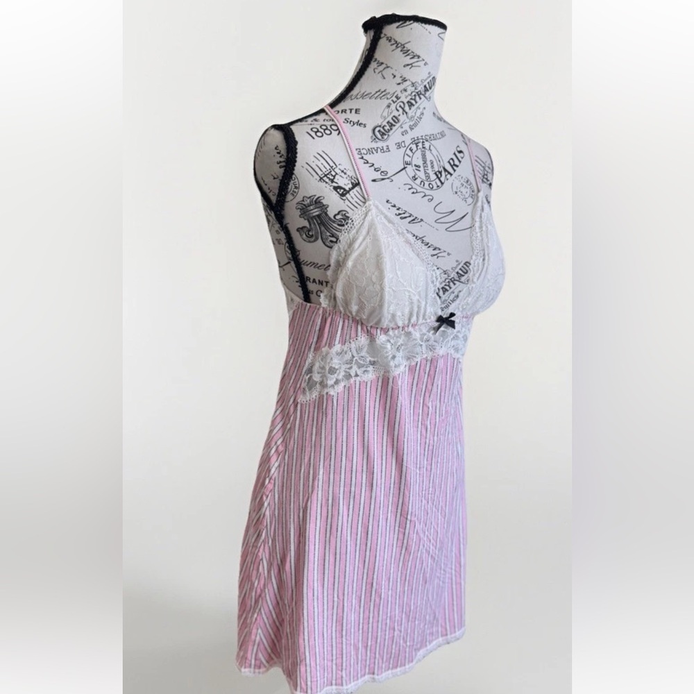 90s Y2K Style Victoria’s Secret Lingerie Babydoll Lace Pink Striped Slip Dress S